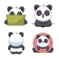 Free vector collection of cartoon handdrawn pandas using laptop smiling sitting back holding donut