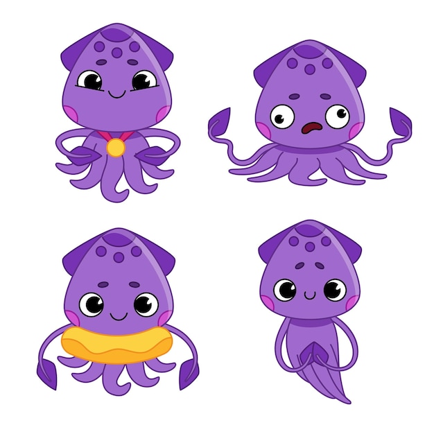 Collection of cartoon jelly fish character with gold medal around his neck and inflatable ring
