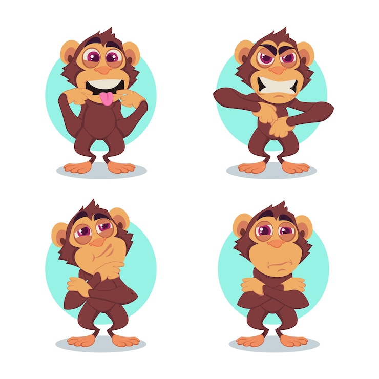 Free Vector collection of cartoon monkey character thinking, getting angry, having fun, putting out tongue
