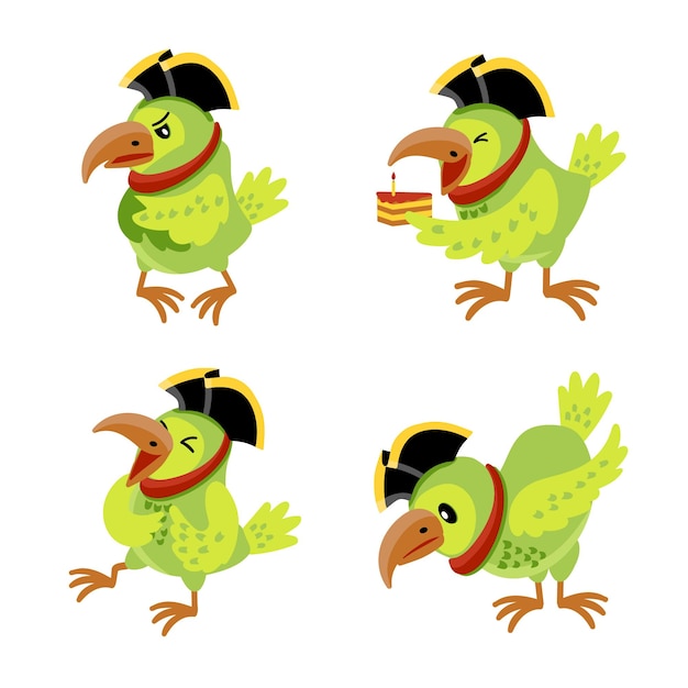 Collection of cartoon pirate parrot character in cocked hat in different actions