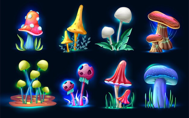 고립 된 어둠 속에서 빛나는 만화 스타일 마법의 판타지 버섯의 컬렉션