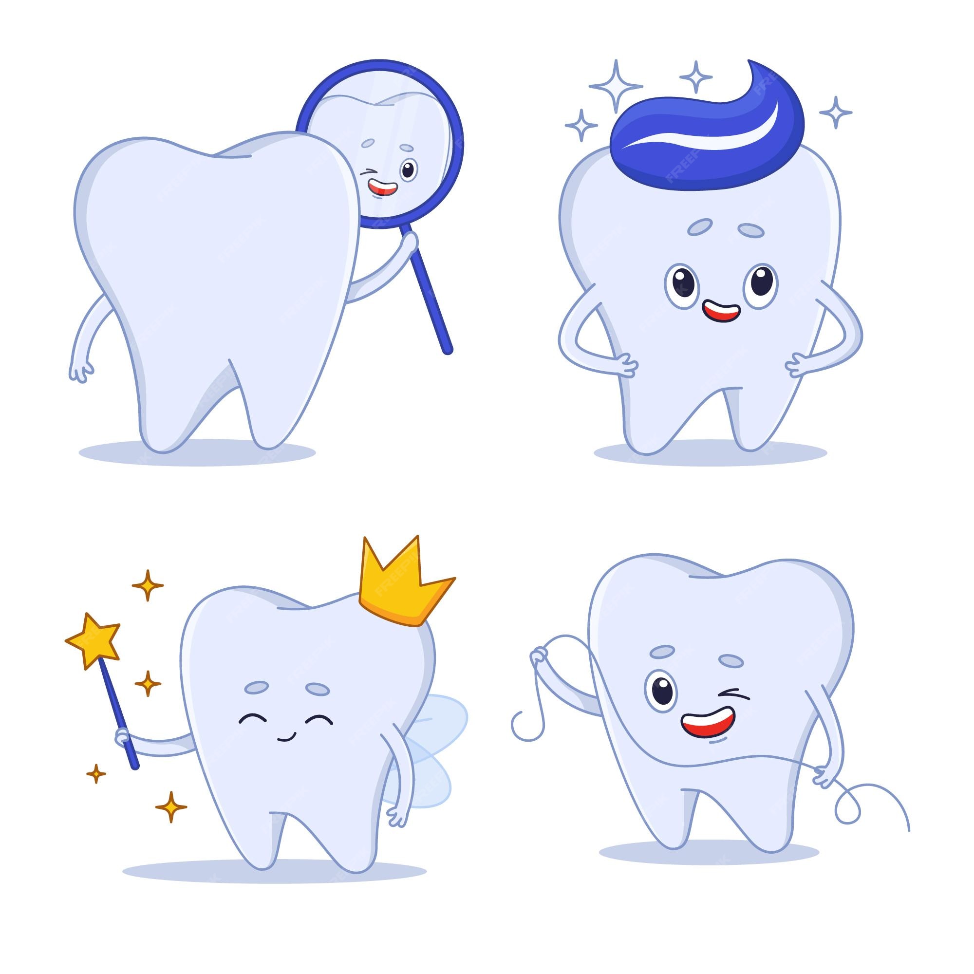 Free Vector | Collection of cartoon tooth character looking in mirror  holding dental floss