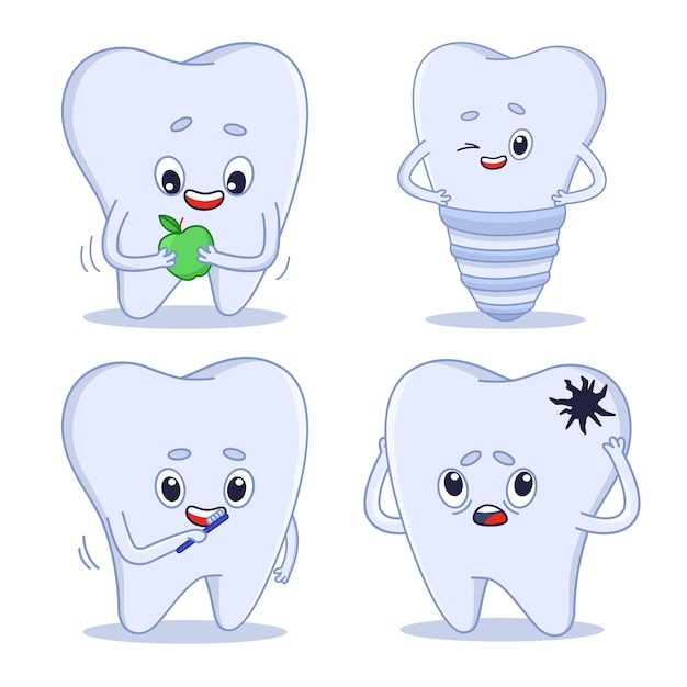 Free vector collection of cartoon tooth characters doing different actions