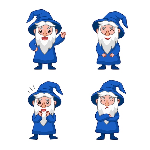 Free vector collection of cartoon wizard character expressing different emotions