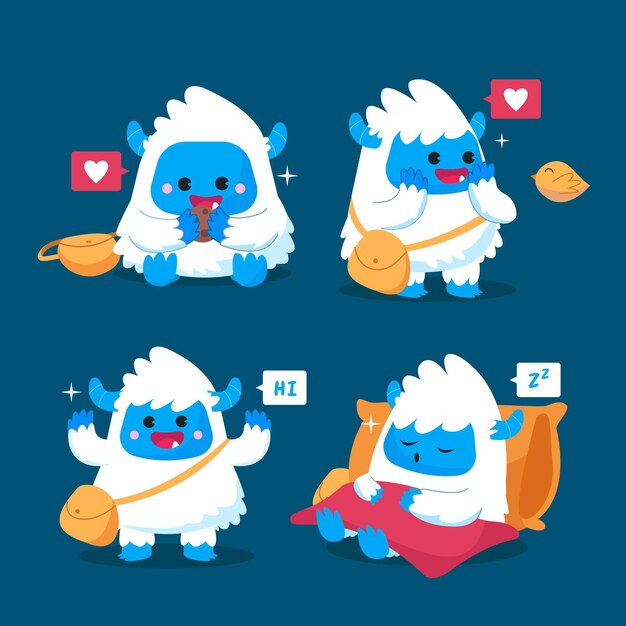 Collection of cartoon yeti abominable snowman characters