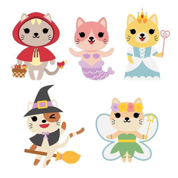さまざまな衣装の猫のコレクション：魔女、人魚、歯の妖精、王女