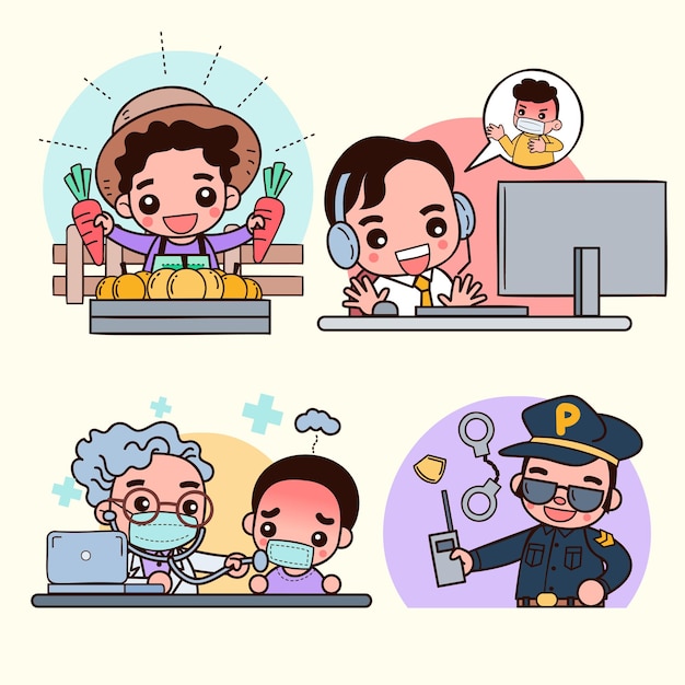 다양한 직업의 캐릭터 컬렉션 만화 스타일의 손으로 그린 벡터 디자인 삽화에서 농부 의사와 경찰 직업에서 일하는 청년