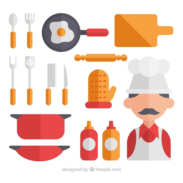 Collection chef and kitchen utensils in flat design