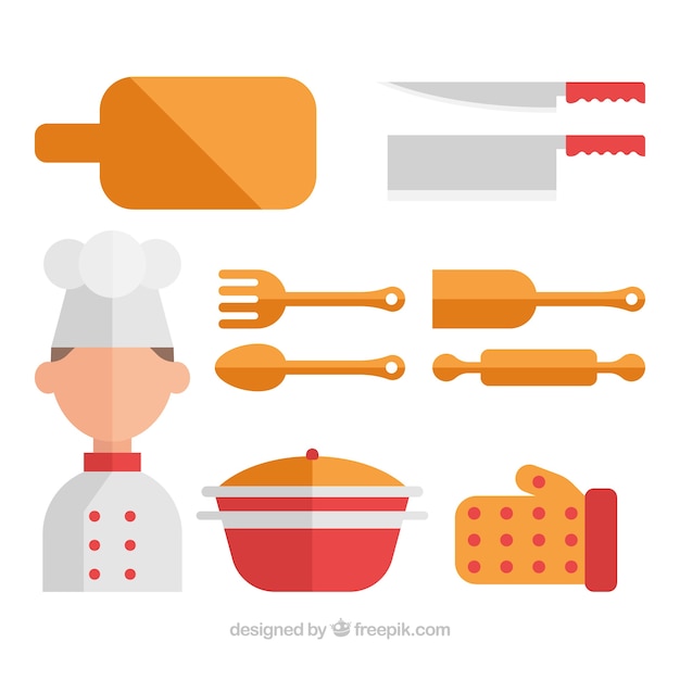 Free vector collection chef with kitchen utensils in flat design