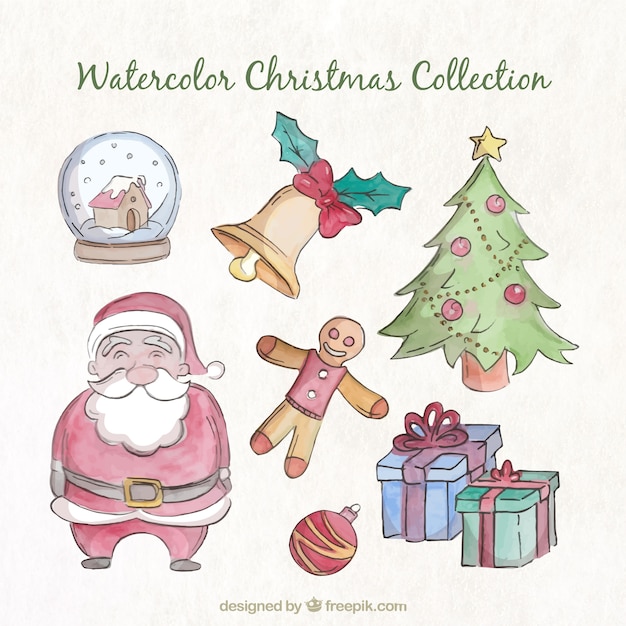 Free vector collection of christmas elements in watercolor effect