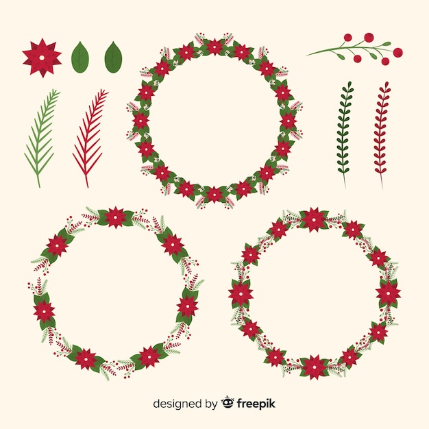 Free vector collection of christmas flower & wreath in flat design