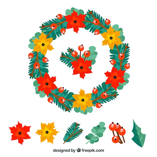 Free vector collection of christmas leaves and a wreath in bright colours