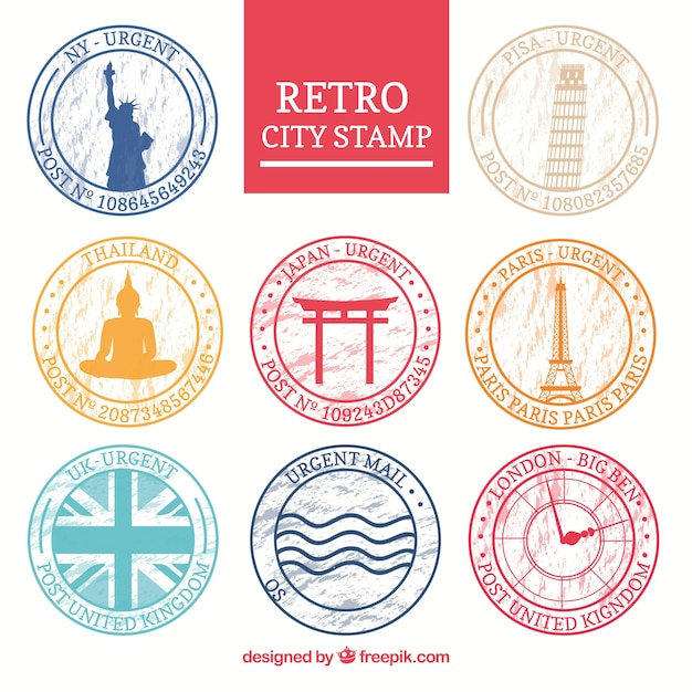 Free vector collection of city stamps in retro style