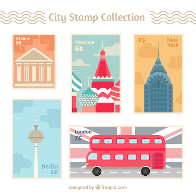 Free vector collection of city stamps with landmarks