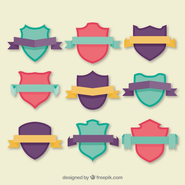 Collection of Colored Shields with Ribbons: Free Vector Download for Vector Templates