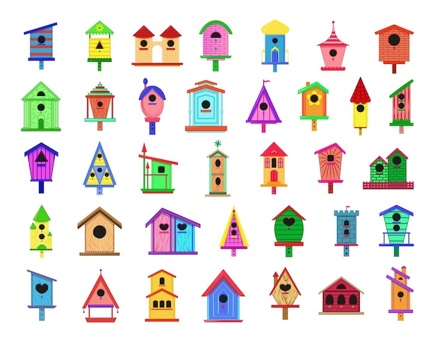 Collection of colorful bird houses.