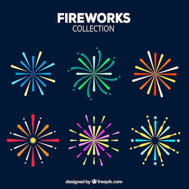 Collection of colorful fireworks in flat design