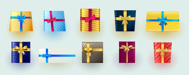 Collezione di ornamenti colorati per scatole regalo per il design natalizio