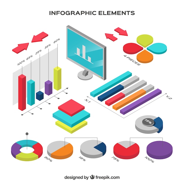 Free vector collection of colorful infographic elements in isometric style