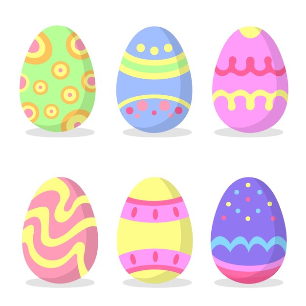 Collection of colorful painted easter eggs set Traditional religious holiday celebration Decorated chicken eggs isolated on white background flat design vector illustrations