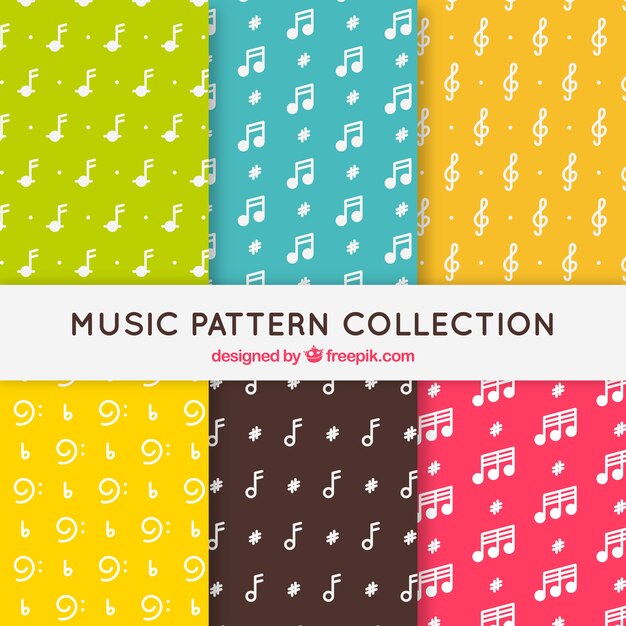 Collection of colorful patterns with musical notes