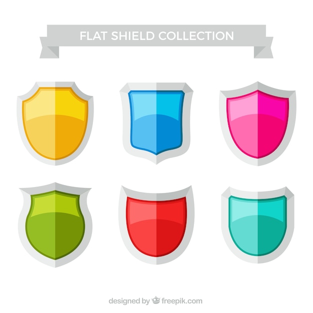 Collection of colorful shields in flat design