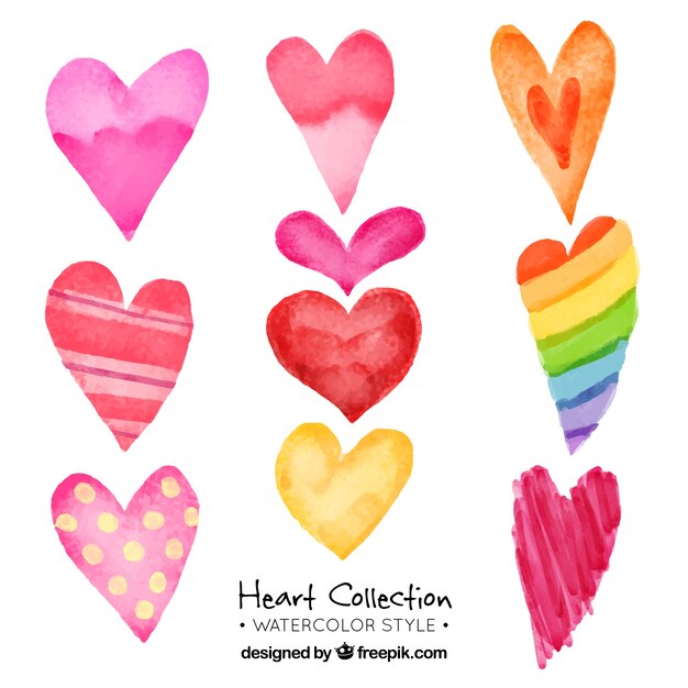 Collection of colorful watercolor hearts