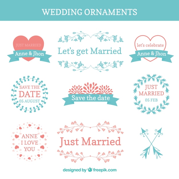 Free vector collection of colourful hand drawn wedding ornaments