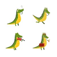 Collection of comic cartoon crocodile character running thinking playing violin travelling