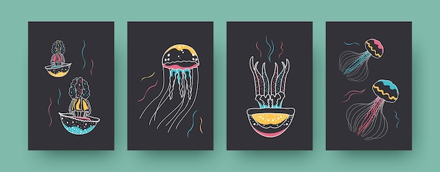 Free vector collection of contemporary art card with colorful medusas