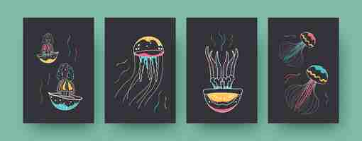 Free vector collection of contemporary art card with colorful medusas