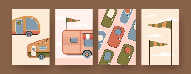 Collection of contemporary art posters with camping caravans. Campervan doors, flags cartoon  illustrations. Traveling, vacation concept for designs, social media, 