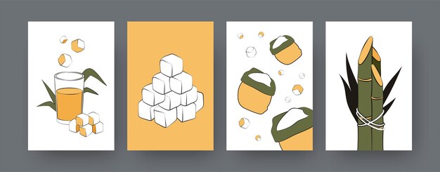 사탕수수 자루가 있는 현대 포스터 모음입니다. 사탕수수 큐브, 주스, 식물 만화 삽화. 농업, 디자인을 위한 자연 개념, 소셜 미디어, 엽서
