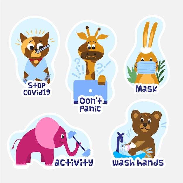 Free vector collection of coronavirus animals prevention stickers