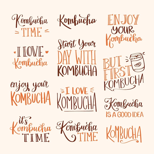 Collection of creative kombucha tea lettering