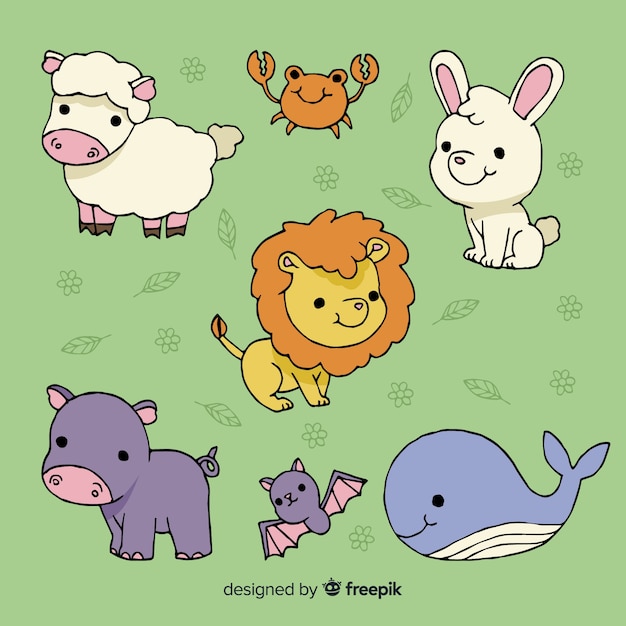 Collection of cute animals on green background