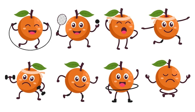 Collection Cute funny strong orange health and activity for workout, rope skipping, badminton, running, marathon, dumbbell lifting, hula hoop, meditation, cartoon character, flat design illustration