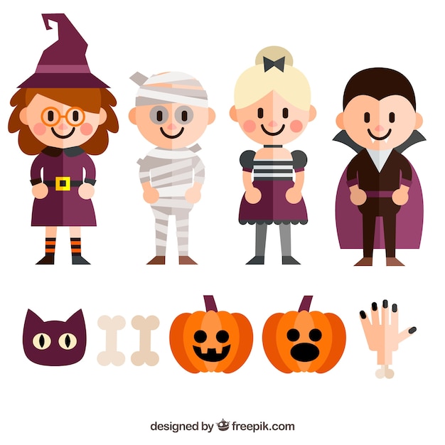 Free vector collection of cute halloween character with accessories