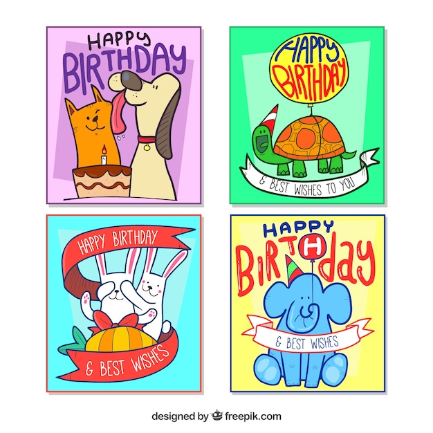 Free vector collection of cute hand drawn birthday cards with animals