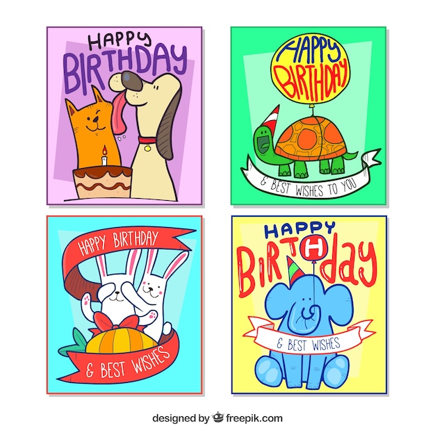 Collection of cute hand drawn birthday cards with animals