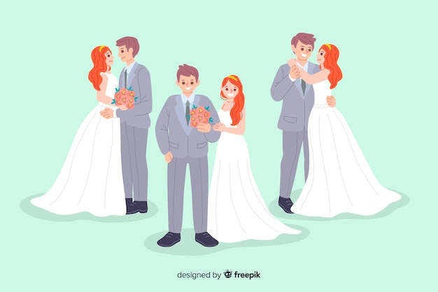 Collection of cute hand drawn wedding couple 