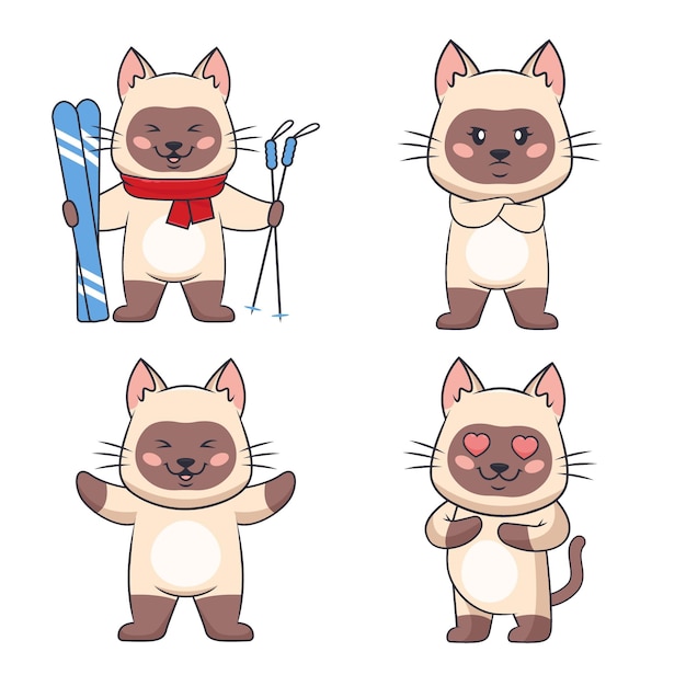 Collection of cute handdrawn cats holding skis with angry happy excited expressions