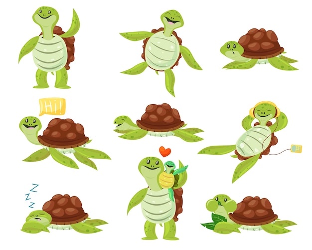 Free vector collection of cute happy turtle set. funny cartoon character dancing, sleeping, eating, enjoying leisure.