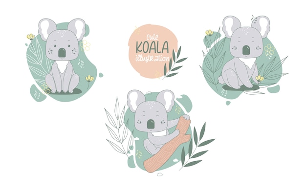 Коллекция милых мультяшных животных коал. Векторная иллюстрация.