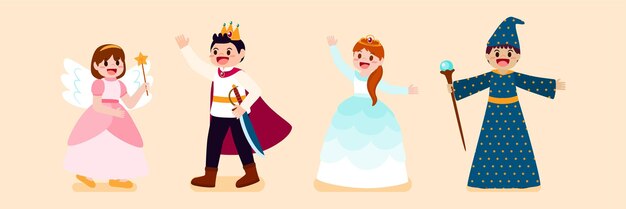 Collection of cute little angle, wizard, princes and princesses. Bundle of happy children dressed in fairy tale theme, vector illustration