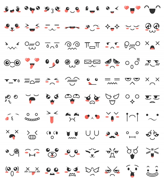 Collection of cute lovely kawaii eyes and mouths. Premium Vector