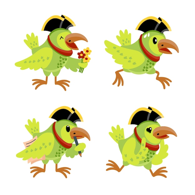 Collection of cute pirate parrot in cocked hat writing poems receiving flowers and running