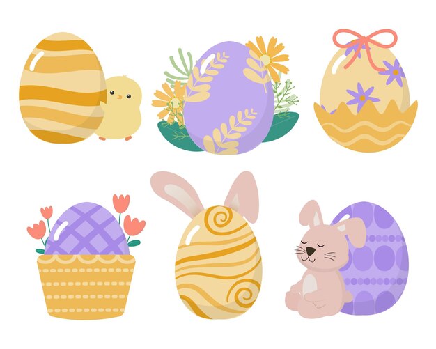 Collection of cute Rabbit and eggs funny bunny in cartoon character various style for graphic designer Happy Easter greeting card Vector illustration