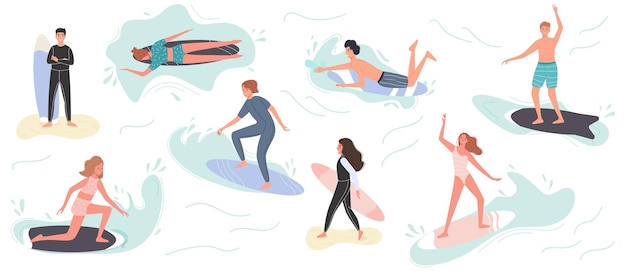 Collection of cute surfing people in swimwear surfing. Surfers with surfing board on summer beach and sea wave. 