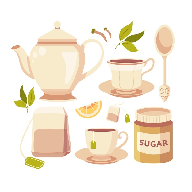 The collection of cute teatime set The cute teapot tea cup and tea bag Set of teatime in flat Vector illustration